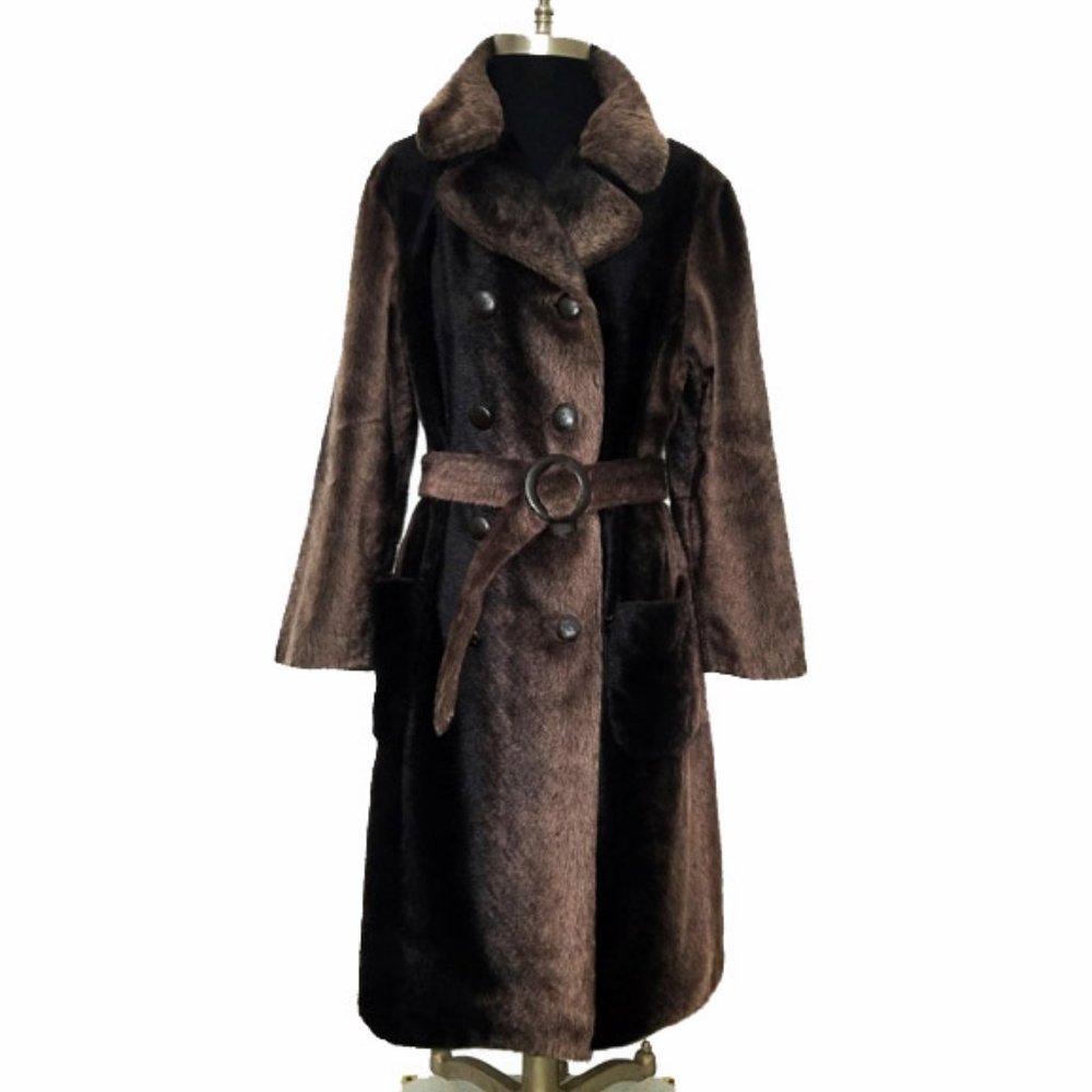 Vtg 60s Ombre Brown Faux Fur Belted Trench Coat M